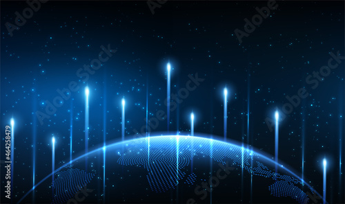 Futuristic background planet Earth with luminous rays. Global network background. Future. Blue globe earth background. World map point composition concept of global business. Vector EPS10.