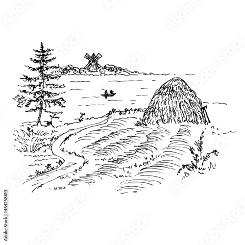 Rural landscape with a haystack, a river, a windmill, a tree. Vector illustration. Sketch.