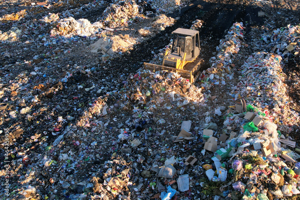 Landfill waste disposal. Garbage dump with waste plastic and