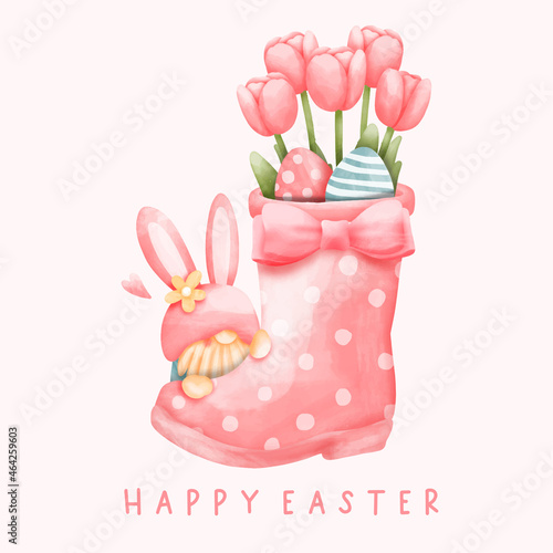 Watercolor happy Easter, Easter day with gnome rabbit. 