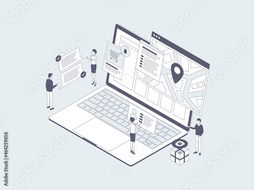 E-Commerce Tracking Isometric Illustration Lineal Grey. Suitable for Mobile App, Website, Banner, Diagrams, Infographics, and Other Graphic Assets.
