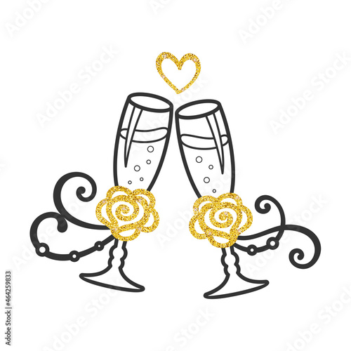 Two black glasses of champagne with golden glitter roses and small heart on a white background. Wedding stemware with rose and ribbon. Vector decorative element for festive design, wedding, engagement