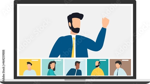 people connecting together, learning or meeting online with teleconference. Video conference remote working on laptop computer. Work from home and work from anywhere concept, flat vector illustration