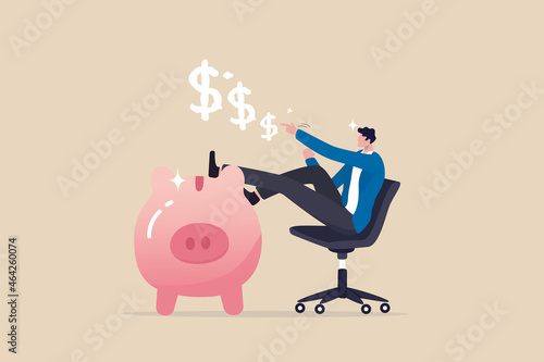 Personal finance expert, success salary man with high saving rate, investment or wealth management, income tax concept, confidence businessman sit with wealthy piggy bank thinking about money profit.
