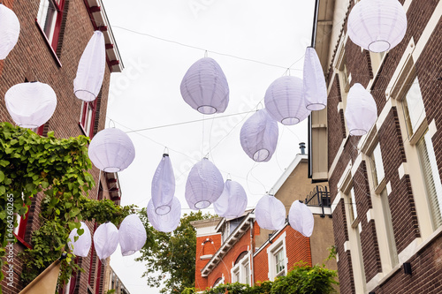 Fotografie view of a street with paper lanterns in Apeldoorn, Netherlands
