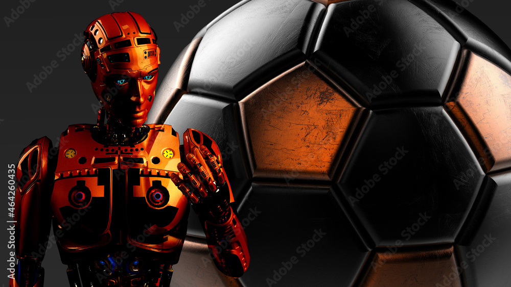 Detailed appearance of the Orange AI Robot and Metallic Orange-Black Soccer Ball. Concept image of sports activity. 3D sketch design and illustration. 3D high quality rendering. Detailed appearance of the Orange AI Robot and Metallic Orange-Black Soccer Ball. Concept image of sports activity. 3D sketch design and illustration. 3D high quality rendering.