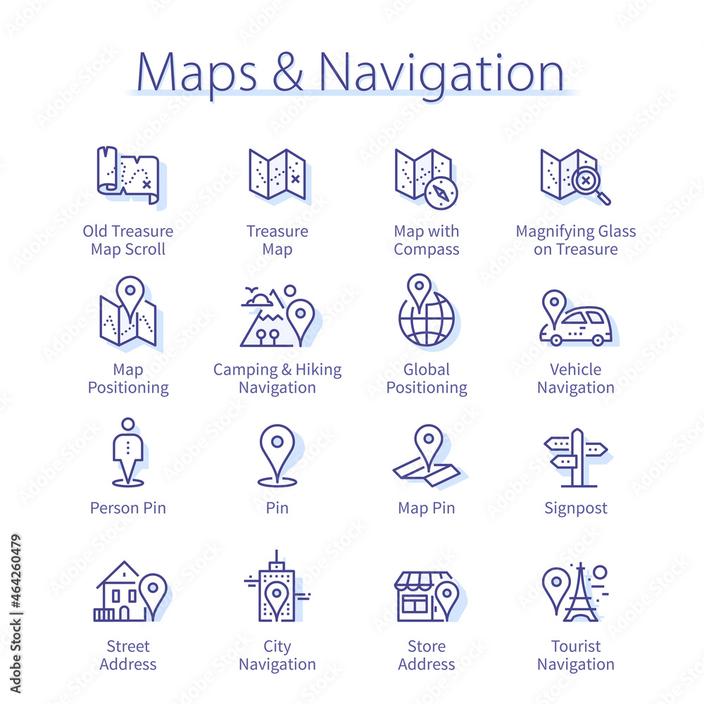 Maps, navigation pack. Travel maps, location pins