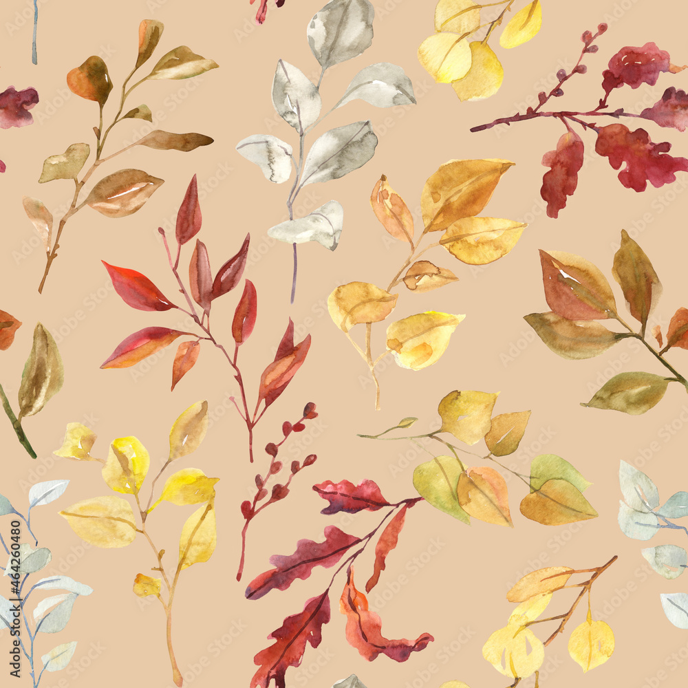 Watercolor hand painted fall botanical leaves and branches illustration seamless pattern, wallpaper, wrapping paper