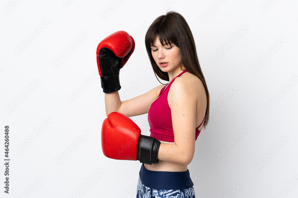 Young sport woman isolated on white background with boxing gloves