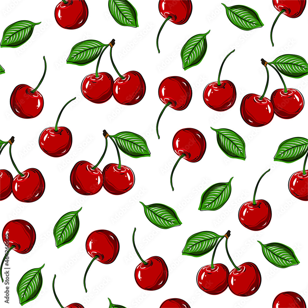 Seamless pattern of ripe cherries with leaves Seamless pattern of ripe cherries with leaves
