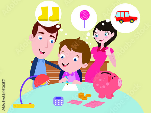 Savings vector concept: Young parents teaching their son to save money on piggy bank while imagine toys