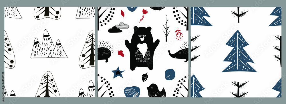 Vector set. Seamless pattern.  Various animals and natural elements in the Scandinavian style. 