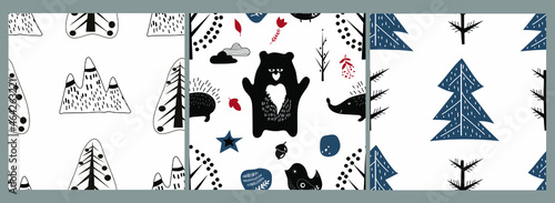 Vector set. Seamless pattern. Various animals and natural elements in the Scandinavian style. 