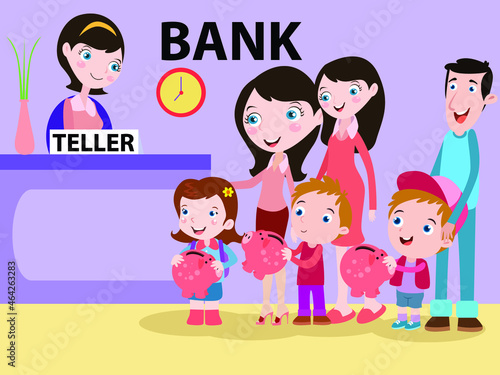 Savings vector concept  Parents teaching their children to save their money in the bank while carrying piggy bank