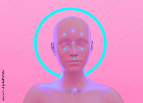 3D illustration of an alien-looking bald woman on a pink background.