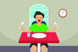Eating time vector concept: Little boy waiting food on dining table while holding spoon and fork