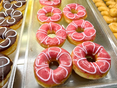 Close-up shot of Strawberry Flower, a dessert made from flour and sugar. It is commonly consumed by the general public. It smells delicious and colorful.