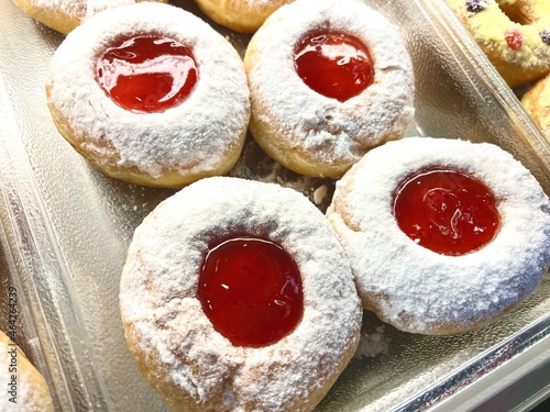 Close-up shot of Sunny Strawberry, a dessert made from flour and sugar. It is commonly consumed by the general public. It smells delicious and colorful.