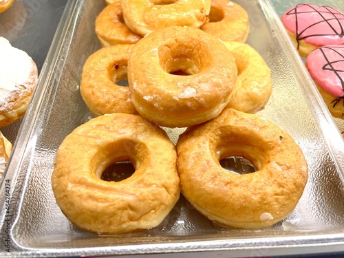 Close-up shot of Glazed confectionery, a dessert made from flour and sugar. It is commonly consumed by the general public. It smells delicious and colorful.