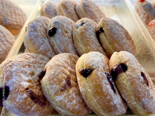 Close-up shot of Blueberry, a dessert made from flour and sugar. It is commonly consumed by the general public. It smells delicious and colorful.