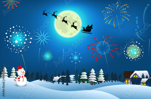 set of realistic snowman with fireworks show isolated or cute snowman with santa hat on snowy background. eps vector