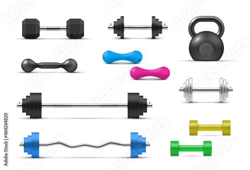 Barbells, dumbbells and kettlebells set realistic vector illustration heavy fitness sport equipment