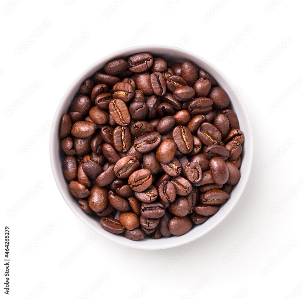 Roasted Coffee Beans In White Bowl Isolated Roasted Coffee Beans In White Bowl Isolated