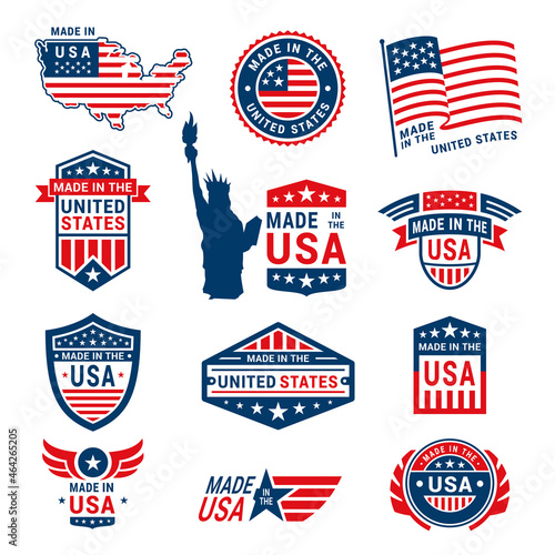 Collection made in the USA sign vector flat illustration. Set US patriotic labels emblems template