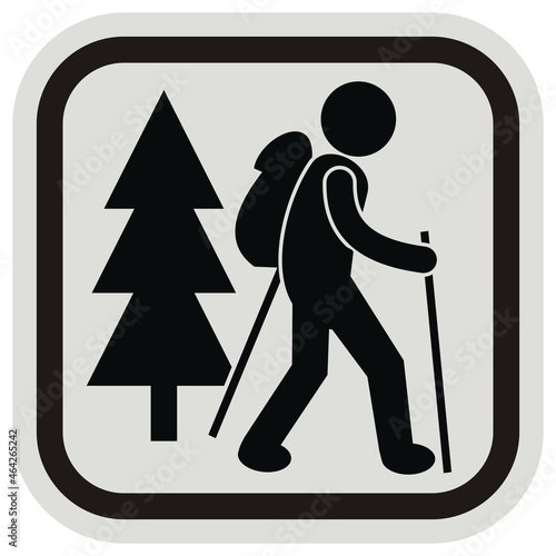 Tourist in nature, black silhouette,vector icon at gray and black frame