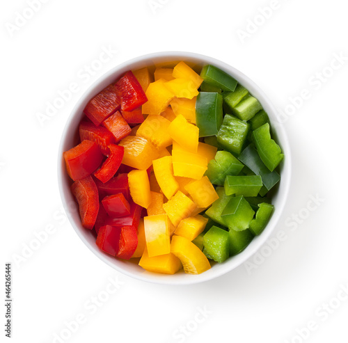 Cut Pepper Pieces In White Bowl Isolated