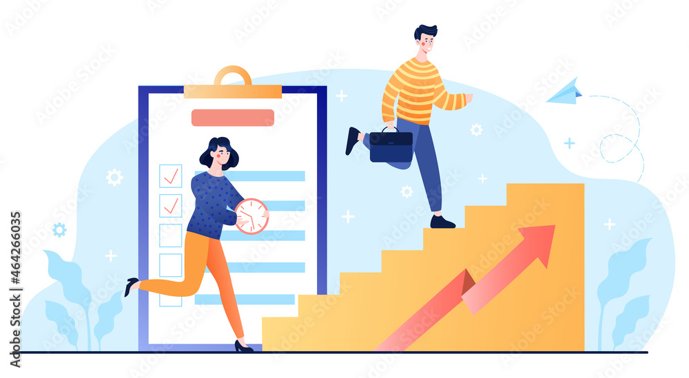Leadersheap and career ladder. Man runs to top, motivation, success, business. Hardworking employee concept, goal setting, growth. Cartoon flat vector illustration isolated on white background Leadersheap and career ladder. Man runs to top, motivation, success, business. Hardworking employee concept, goal setting, growth. Cartoon flat vector illustration isolated on white background