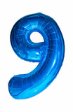 Inflatable number nine in blue on a white background. Congratulatory number nine.