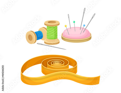 Sewing tools set. Thread bobbins, needles and measuring tape tailoring supplies vector illustration
