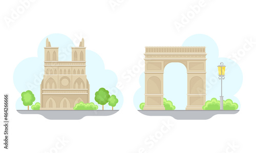 Paris symbols set. Triumphal arch, Notre Dame cathedral France signs vector illustration