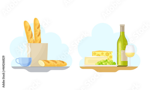 Paris symbols set. Bottle of wine, baguettem cheese, traditional French food vector illustration