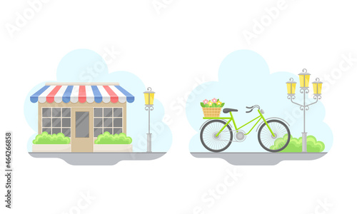 Paris symbols set. Bicycle with basket of flowers and street cafe vector illustration