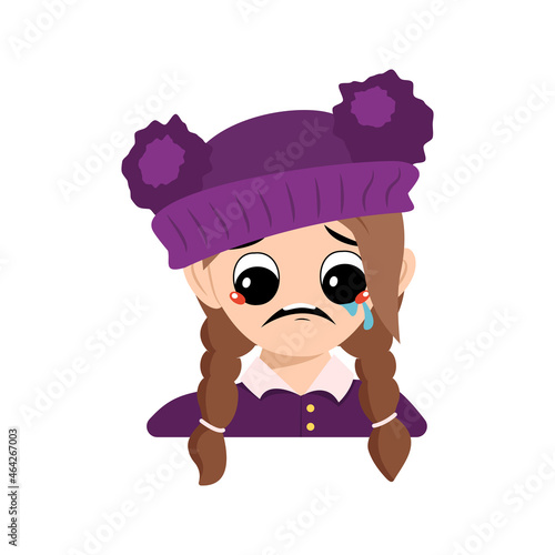 Avatar of girl with crying and tears emotion, sad face, depressive eyes in purple hat with pompom. Head of child with melancholy expression