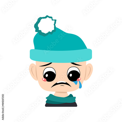 Avatar of child with crying and tears emotion, sad face, depressive eyes in blue hat with pompom. Head of toddler with melancholy expression