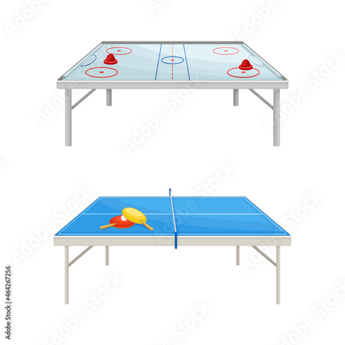 Air hockey and ping pong tables. Board games concept vector illustration