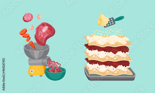 Traditional Italian lasagna cooking process set. Grinding food in meat grinder and tasty dish served on plate with sauce vector illustration
