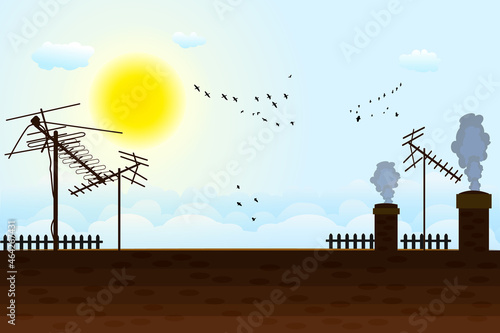 
House roof with antennas on sunny sky background. Roof of the building with tv antennas, chimneys, sky with birds silhouettes. Blue sky with clouds and birds over roof with television aerials. Vector