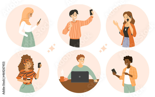 People use devices. Collection of images with people who use gadgets. Avatars of people with phones and laptops. Female and male characters. Cartoon vector illustration isolated on white background