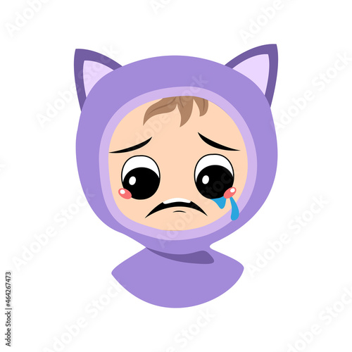 Avatar of child with crying and tears emotion, sad face, depressive eyes in cat hat. Cute kid with melancholy expression in autumnal or winter headdress. Head of adorable baby 