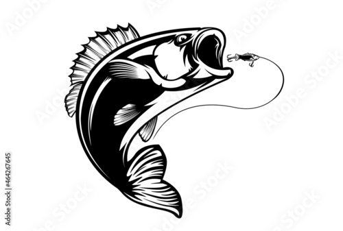 Fishing bass logo. Bass fish with rod club emblem. Fishing theme illustration. Fish Isolated on white.