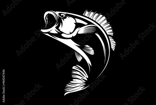 Fishing bass logo. Bass fish with rod club emblem. Fishing theme illustration. Fish Isolated on white.