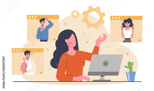 Girl at computer reads positive reviews. People rate blogger, like. Social media concept, internet communication, network, compliments. Cartoon flat vector illustration isolated on white background
