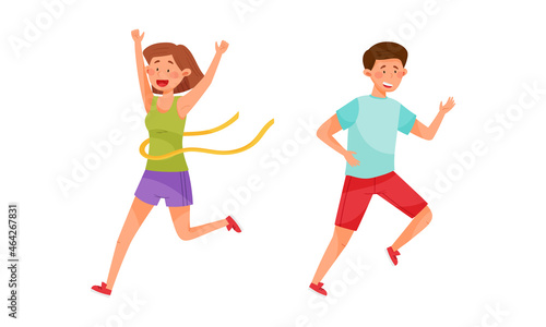 Young Man and Woman in Sportswear Running Marathon Vector Set