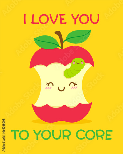 Cute apple and worm illustration with quote “I love you to your core” for valentine’s day card design.