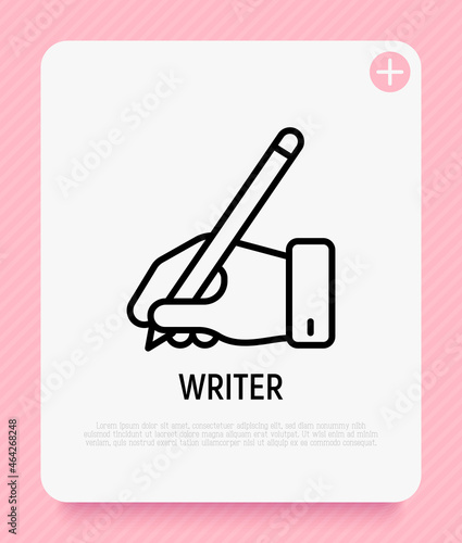Hand with pen thin line icon, writer sign. Modern vector illustration.