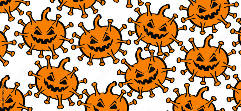 Obraz premium Happy halloween party, october fest. Cartoon drawing pumpkins. Scary Halloween and coronavirus Covid-19 icon. Angry pumpkin pictogram. Flat vector banner. jack o lantern pictogram. 31 october fest. 